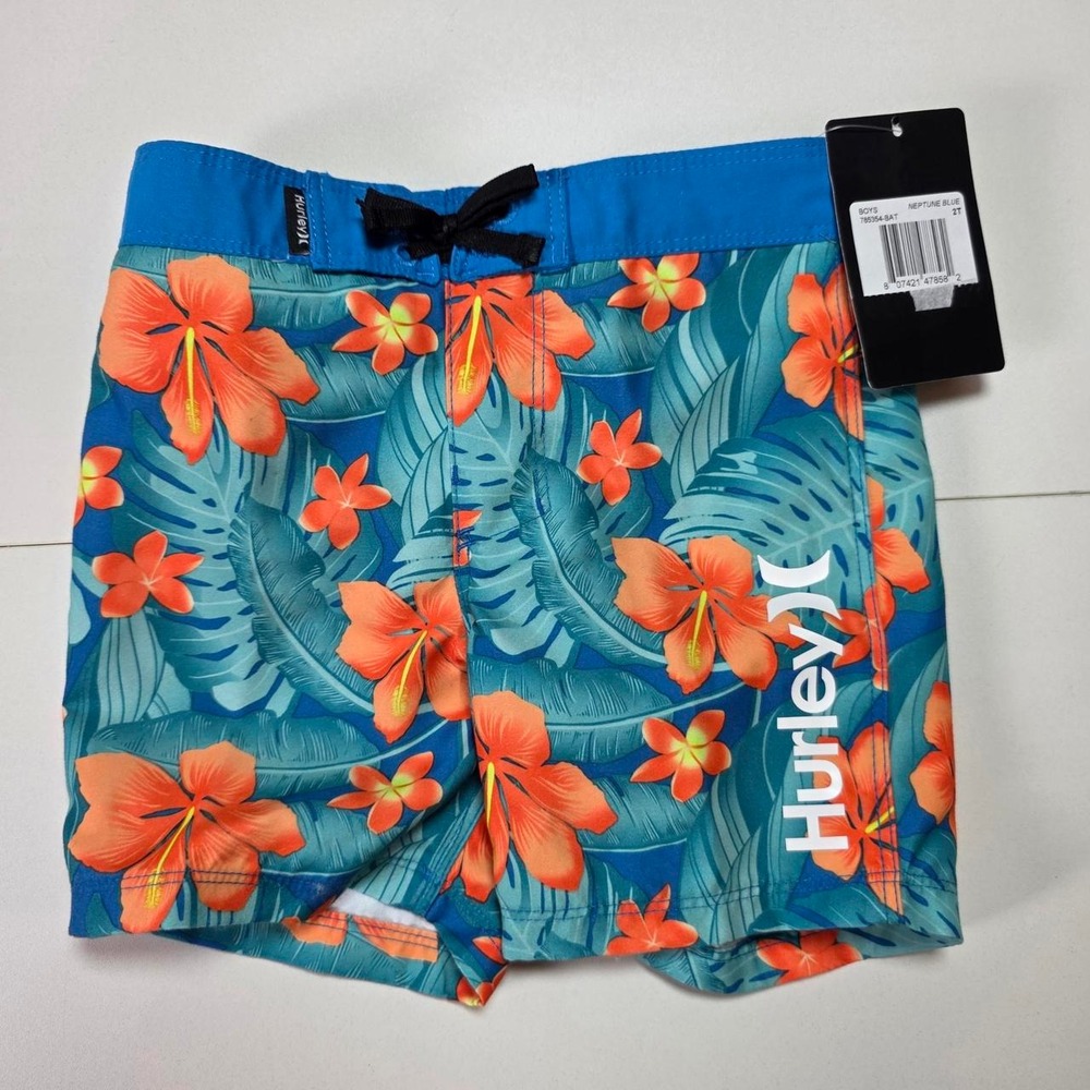 2T loopHurley Boys' Cabana Boardshorts in the "Neptune Blue" tropical floral